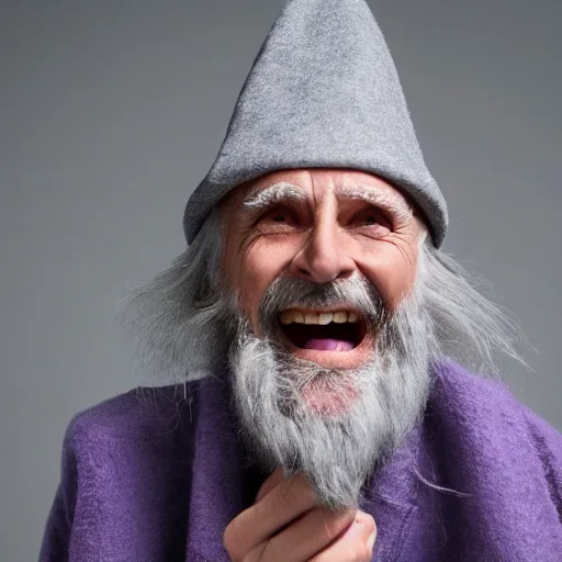 Image similar to an old bald mad wizard with bushy grey eyebrows, long grey hair and wearing a grey wizard hat, disheveled, wise old man, wearing a purple detailed coat, a bushy grey beard, sorcerer, he is yelling and laughing