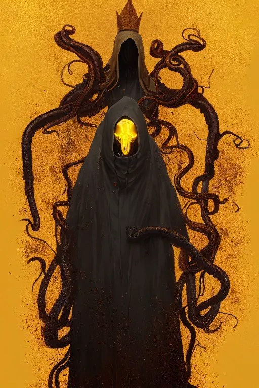 Image similar to A full body portrait of a mysterious character with no face with a very long hooded yellow cloak, a golden crown floating above his head tentacles coming out the ground art by Maciej Kuciara and Jason Chan, ominous, cosmic horror, trending on artstation, Ultra detailed, hyper realistic 4k