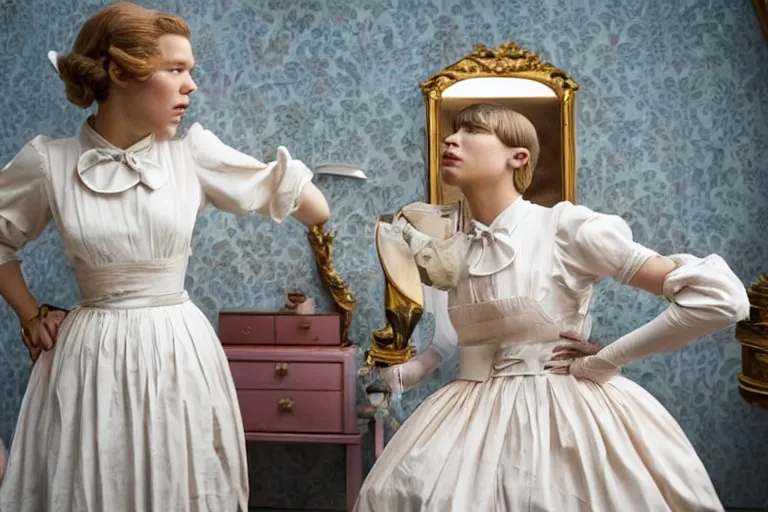 Image similar to close-up of  Léa Seydoux as a maid in the new movie directed by Wes Anderson, movie still frame, promotional image, symmetrical shot, idiosyncratic, relentlessly detailed, limited colour palette