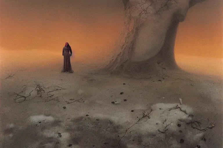 Image similar to a surrealist painting of a lonely woman with pale skin and red hair, standing over pile of bodies in post apocalyptic snowy landscape, painted by zdzisław beksinski