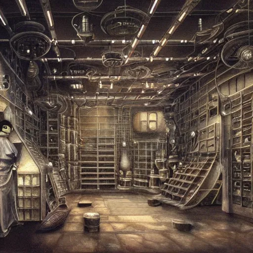 Prompt: detailed painting of a japanese repair shop interior room with celestial ephemeral ornaments and hr giger architecture, artstation, h. r giger, cinematic