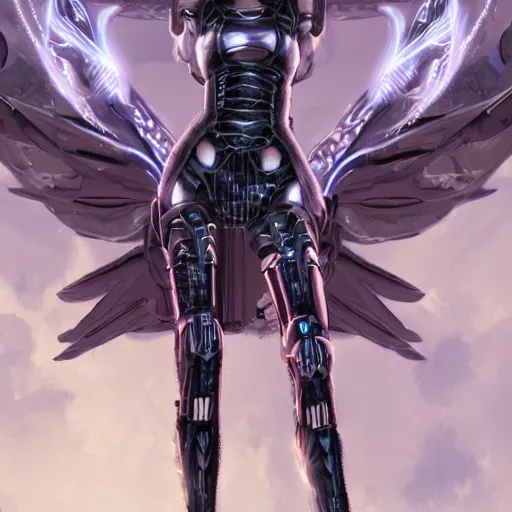 Prompt: tall female cyber angel, cyberpunk armor, flowing robes, ornate gothic interior
