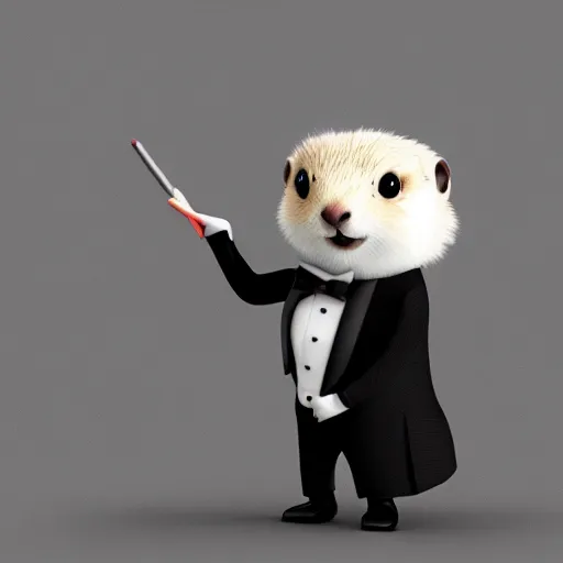 Prompt: a cute marmot in a tuxedo while holding a pencil, digital art, 3 d artistic render, octane, blender, cartoon, shadows, lighting