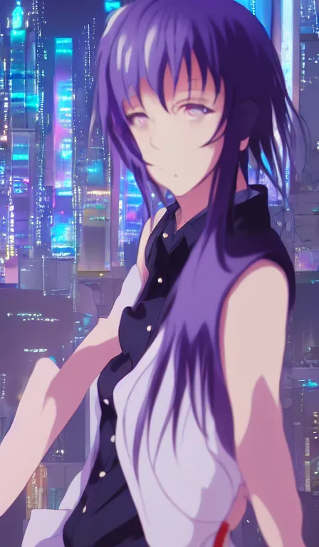 Image similar to anime fine details portrait of Mizore Shirayuki in front of cyberpunk modern city landscape on the background deep bokeh, close-up view, anime masterpiece by Studio Ufotable, 8k, sharp high quality anime, trending on artstation