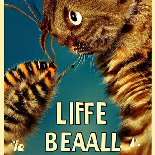 Image similar to “life is beautiful” inspirational poster with caterpillars and cats