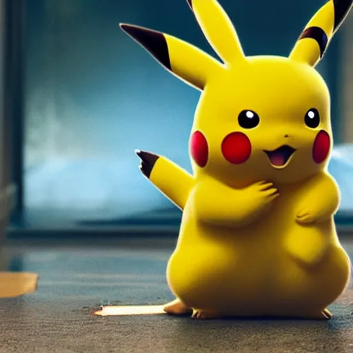 Image similar to Pikachu crying, detailed 4k render, live action movie still