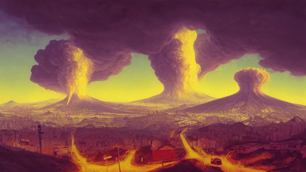 Image similar to Nuclear Fallout towering over the town of Quito by Simon Stålenhag and J.M.W. Turner, oil on canvas; Art Direction by Adam Adamowicz; 4K, 8K epic drone shots; Ultra-Realistic Depth Shading