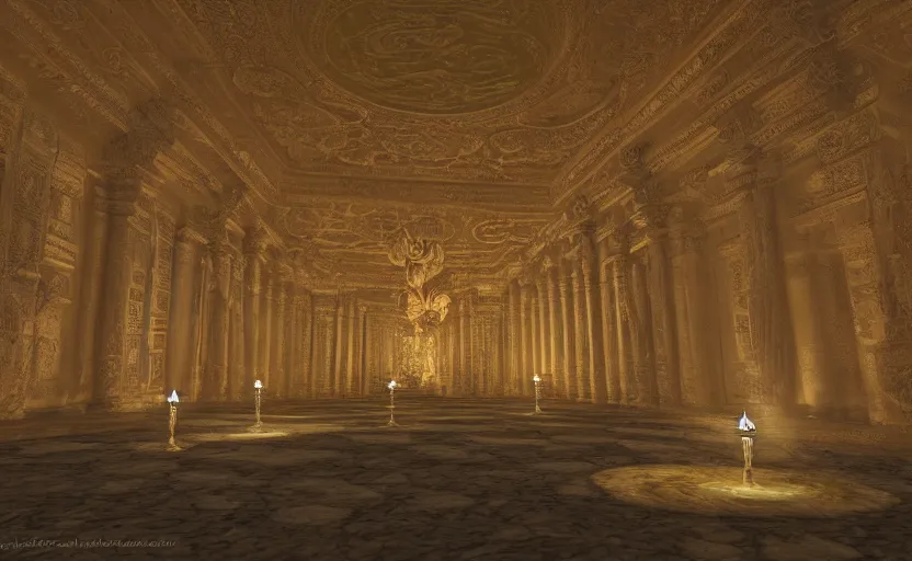 Prompt: inside a marble temple with torches at night, digital art, masterpiece, 4k