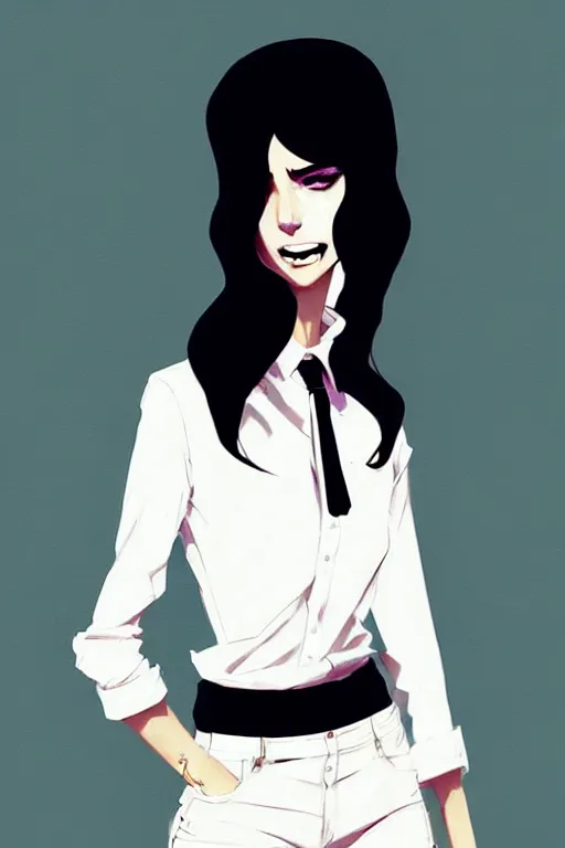 Image similar to a ultradetailed beautiful panting of a stylish woman, she is wearing a white shirt with a tie and black pants, by conrad roset, greg rutkowski and makoto shinkai trending on artstation