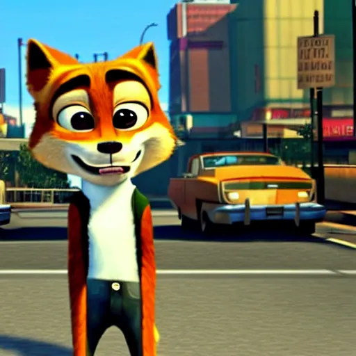 Image similar to Screenshot from Grand Theft Auto III featuring Nick Wilde (from Zootopia)