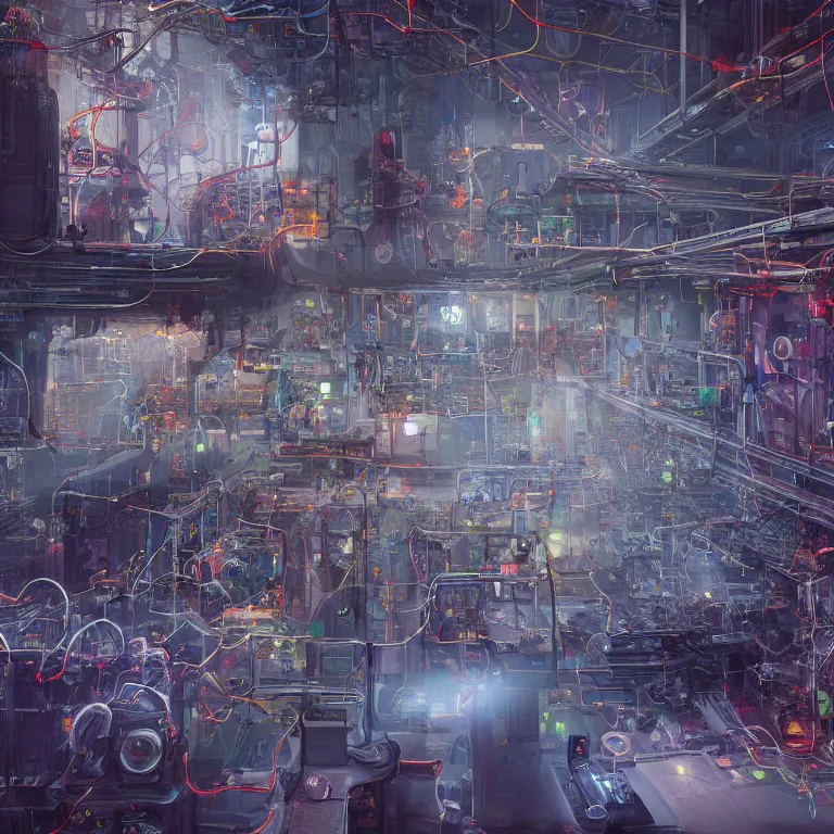 Prompt: the nexus of a vast modern computing center and a mad alchemist\'s lab with exposed circuit boards, nixie tubes and tesla coils. immaculate octane redshift concept art render by Zdzisław Beksiński and beeple, beautiful modern colors, ultradetailed, 4k ultra