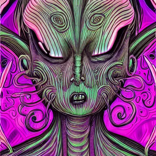 Image similar to closeup of an adorable cyber demoness, cute, eldritch woman abomination of unimaginable horror by alex grey and junji ito, speculative evolution, psychedelic illustration