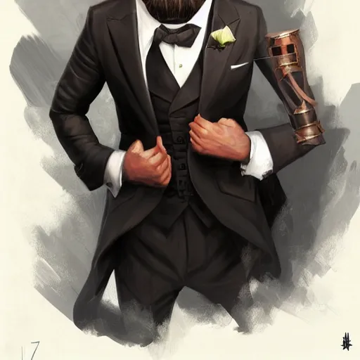 Image similar to portrait of a gentleman half - ogre wearing a tuxedo, cinematic lightning, d & d, fantasy, highly detailed, digital painting, sharp focus, illustration, art by artgerm and greg rutkowski and magali villeneuve