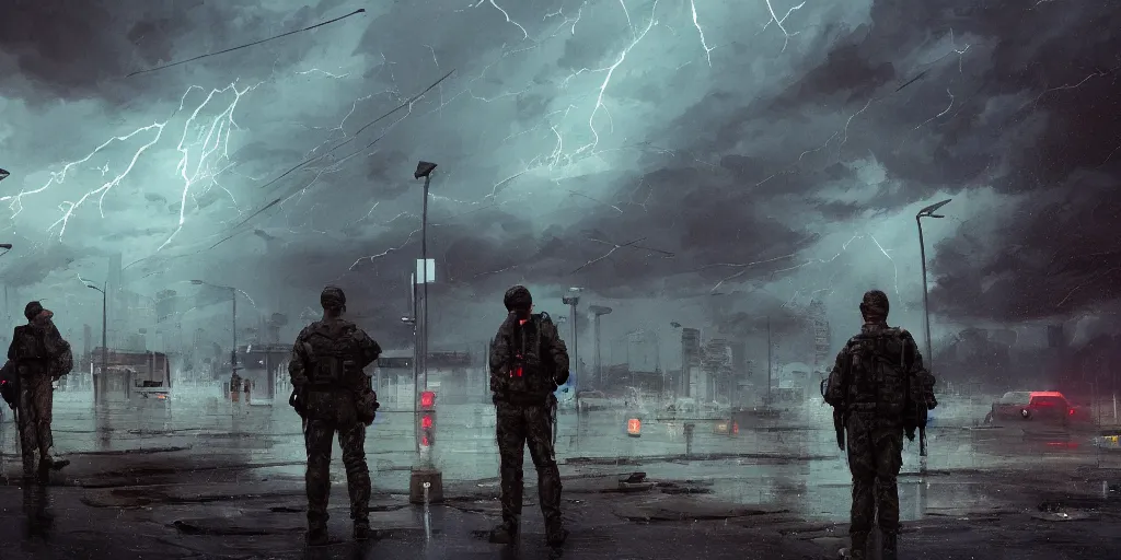 Image similar to private military company operatives standing outside immigration check point with severe weather storms behind, cinematic, realistic, detailed, intricate, digital art, ambient lightning, by jordan grimmer, industrial art style, 3 5 mm film grain, artstation