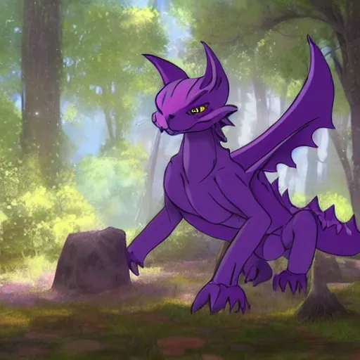 Image similar to concept art painting of a purple anime furry anthro dragon, in the deep forest, realistic, detailed, cel shaded, in the style of makoto shinkai and greg rutkowski and james gurney