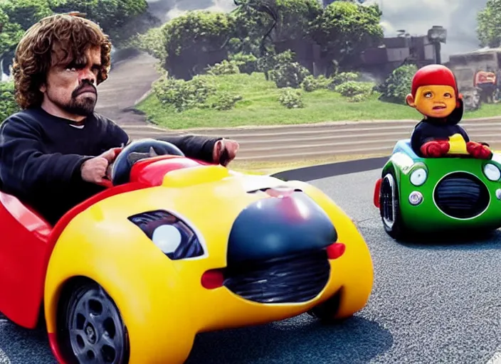 Image similar to peter dinklage racing gary coleman driving a little tikes cars, movie still, from the new fast and furious movie, 8 k, realistic