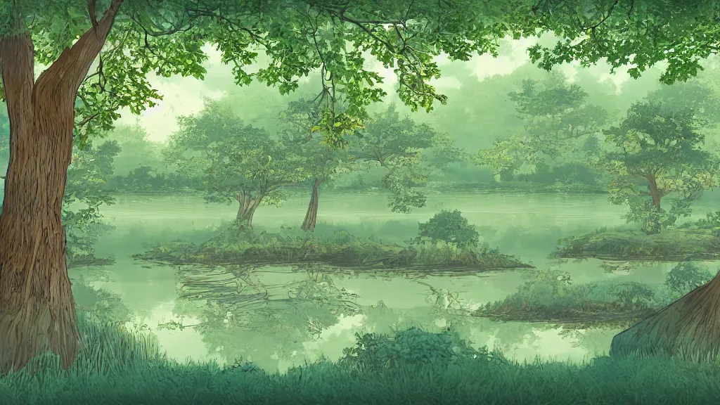 Prompt: a lake in a forest tarashikomi art style