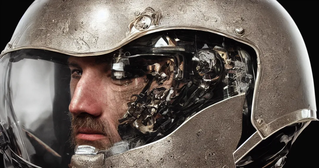 Image similar to beautiful extreme closeup portrait photo in style of frontiers in helmet Helmets of Emperor Charles V the Wise science fashion magazine September retrofuturism edition, highly detailed, soft lighting