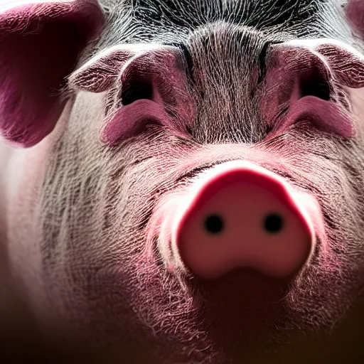 Image similar to photorealistic closeup portrait of pig, art photography, horror, sigma 5 0 mm, f 1. 8, insane details, hyper realistic, 8 k, full figure poster, volumetric lighting, very detailed face, 4 k, award winning