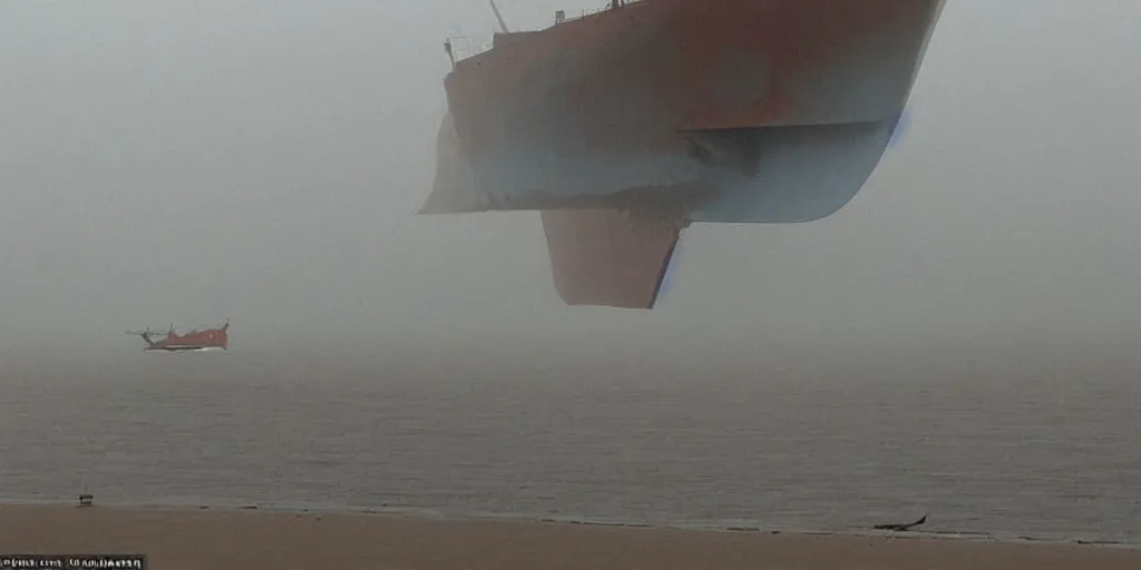 Prompt: in the misty morning, a giant butterfly lands on a huge cargo ship stranded on the sand, by moebius