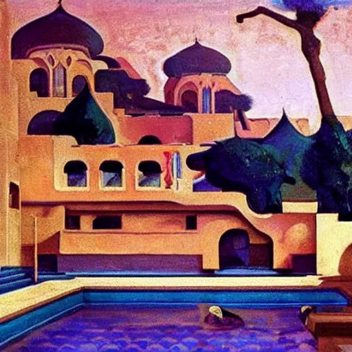 Image similar to a detailed oil painting of a harem pool with arabic patterns, by nicholas roerich, by frank frazetta!!!! by georgia o keeffe by frederick william elwell, by hans emmenegger, by eyvind earle highly detailed!!!, realistic, outline, line work, fantasy, oriental, stylised flat colors, animation