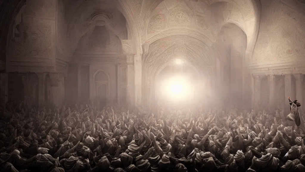Image similar to tyrkisk sufi dance, sufi, arabic words, bysintine, gothic, 4 k, smokey, michael whelan, peter mohrbache, giovanni paolo panini style epic, volumetric light, insanely detailed, realistic, 8 k, unreal engine render, artstation trends, hyper detail, epic art style, cinematic, concept art, soft white gold lights
