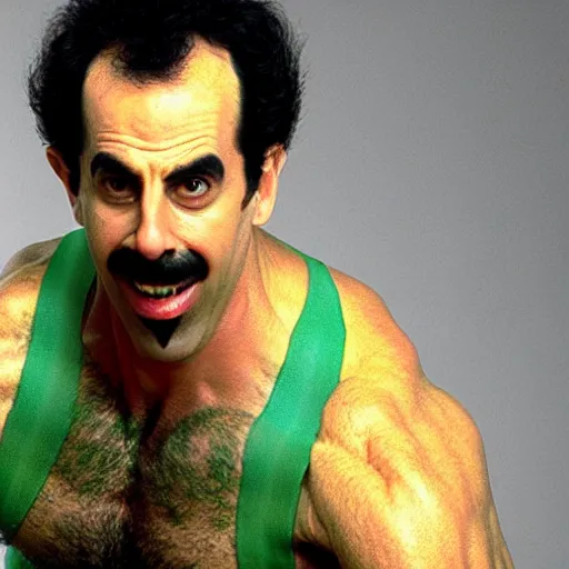 Image similar to Borat as the incredible hulk