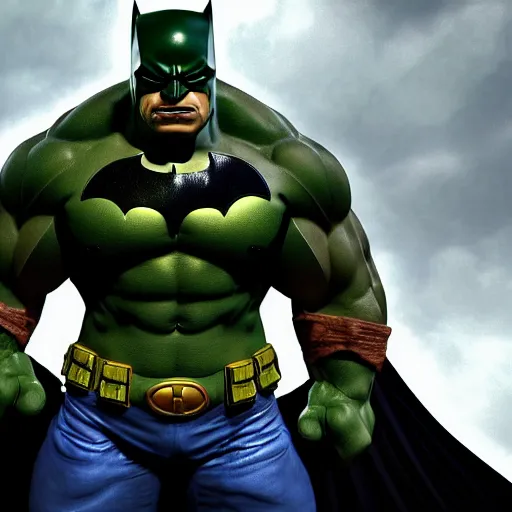 Image similar to the hulk as batman, 8 k, realistic, photo real, smooth, sharp, intricate detail, hyper detail, dramatic lighting, dramatic shading