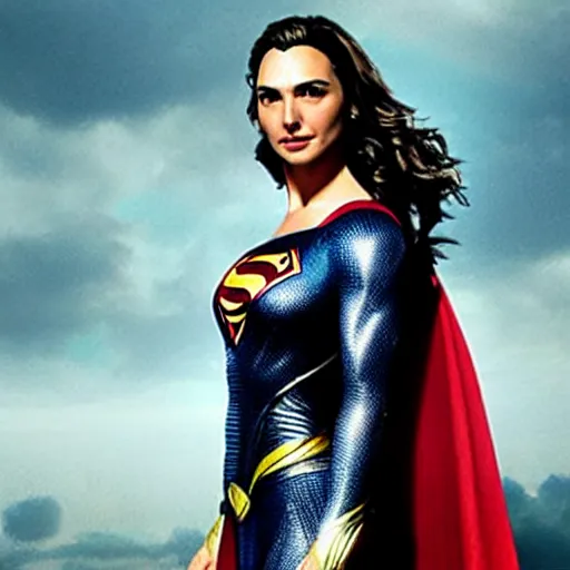 Image similar to an potrait of gal Gadot cast of movie man of steel and wearing a superman suit .