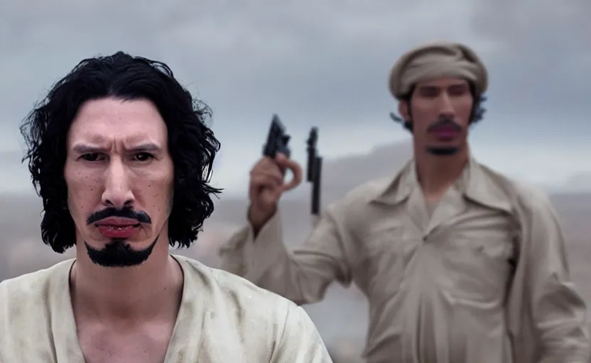 Image similar to Adam Driver as Gaddafi in 'Ddafi' (2025), movie still frame, oscar nominated cinematography, volumetric lighting, 8k resolution, beautiful composition