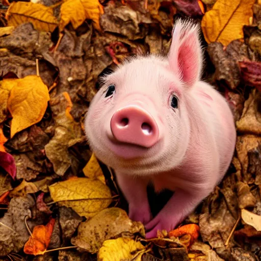 Prompt: cute piglet front facing in a pile of autumn leaves, pixar style