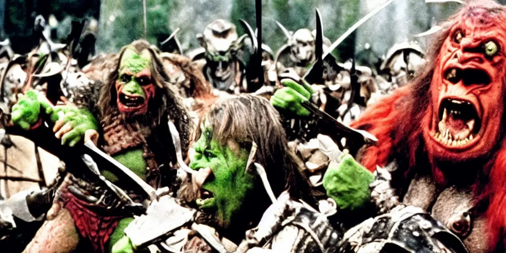 Image similar to A full color still from a Stanley Kubrick film featuring an actor dressed as angry Orcs, waving swords, closeup, 35mm, 1970