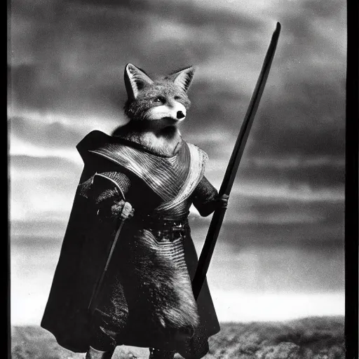 Prompt: anthropomorphic fox who is a medieval knight holding a sword towards a stormy thundercloud, 1930s film still