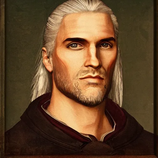 Image similar to a renaissance style portrait painting of Geralt de Rivia