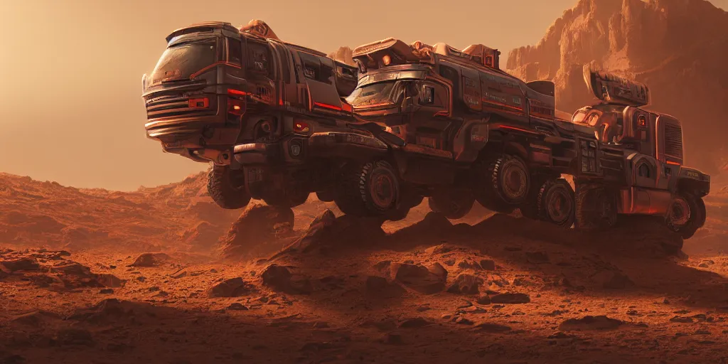 Image similar to cybertruck on mars 3 d concept art, cinematic lighting, intricate details, octane rendering, trending on artstation, featured on behance,