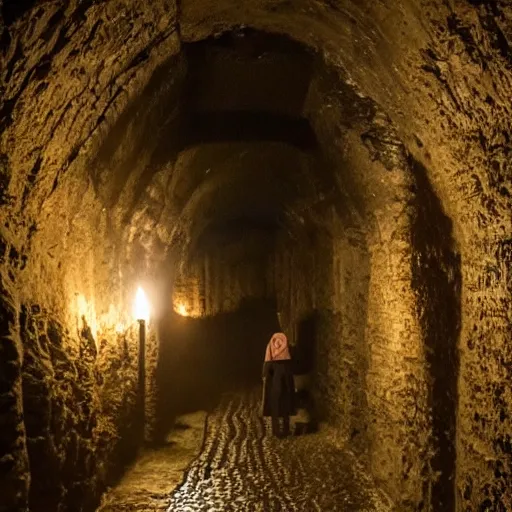 Prompt: a medieval pilgrimage on a cobblestone road in a cavern deep underground, dark, lanterns