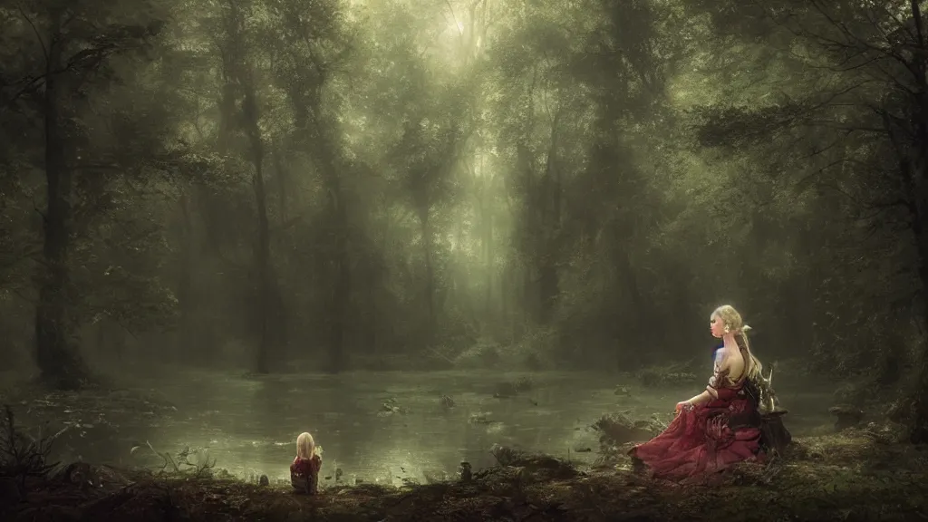 Image similar to elven princess sitting alone, far away, in the melancholy forest. andreas achenbach, artgerm, mikko lagerstedt, zack snyder, tokujin yoshioka