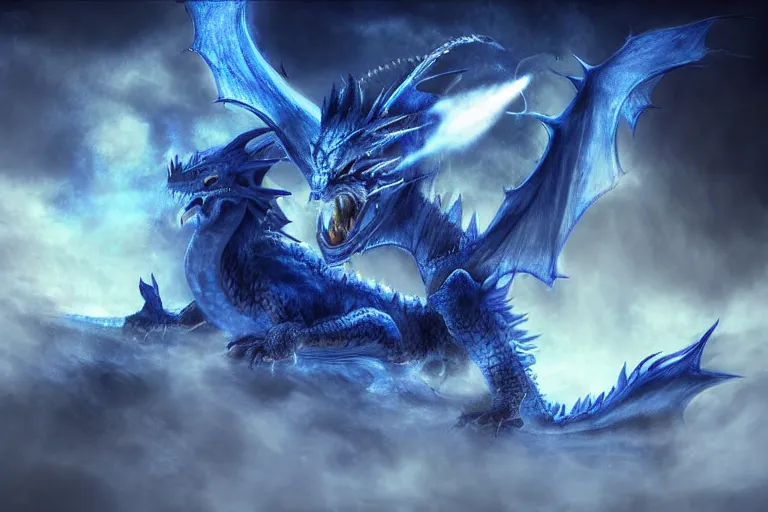 Image similar to an screaming blue and white dragon wearing armor, digital art, moonlight, blue mist, blue smoke,