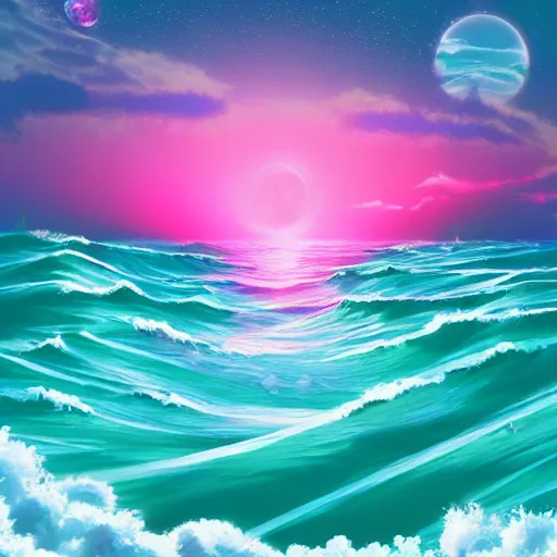 Image similar to Beautiful vaporwave ocean horizon, theres an alien planet in the distance over the horizon, viewed from the beach, digital art, trending on artstation
