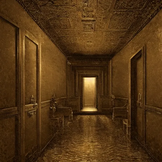 Image similar to horrifying action scene sepia painting of a 1 9 2 0 s hotel elevator looking like a giant monstrous mouth, atmospheric lighting, brooding, painted, intricate, ultra detailed, well composed, best on artstation, cgsociety, epic, horror, stunning, gorgeous, intricate detail, much wow, masterpiece, cinematic aesthetic octane render, 8 k hd resolution,