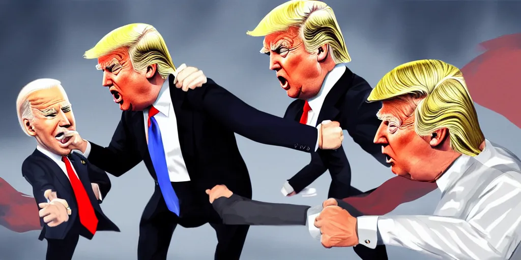 Image similar to donald trump and joe biden having a fist fight, sharp focus, matte painting, illustration, concept art,