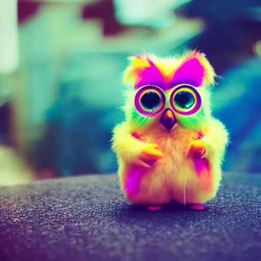 Image similar to a cute colorful furby, photography, golden hour, bokeh, colorful, saturated, cinematic lighting, volumetric light, 8 k