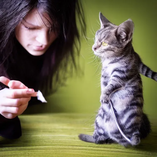 Image similar to female warlock is casting a magic spell, with a small cat by her side, d & d, fantasy, magic, award winning photography, raw,