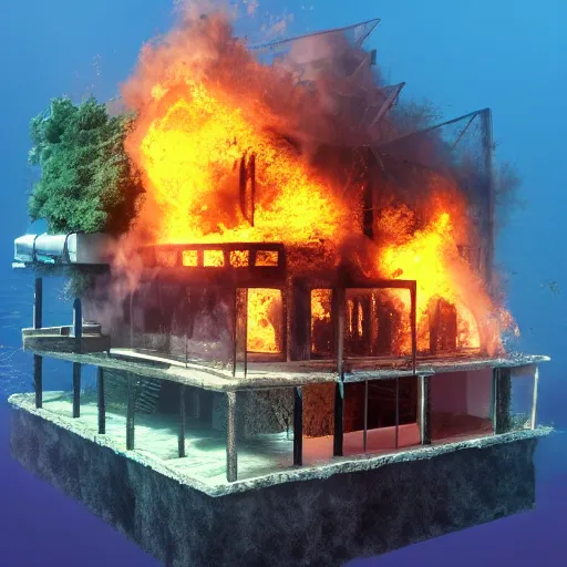 Image similar to a house burning underwater, with a humanoid robot, 8 k resolution, colorful, mariana trench