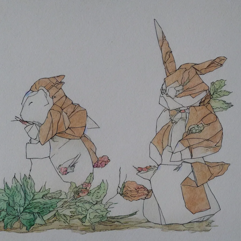 Prompt: origami sculpture in the style of beatrix potter, pen and watercolor, isolated white background