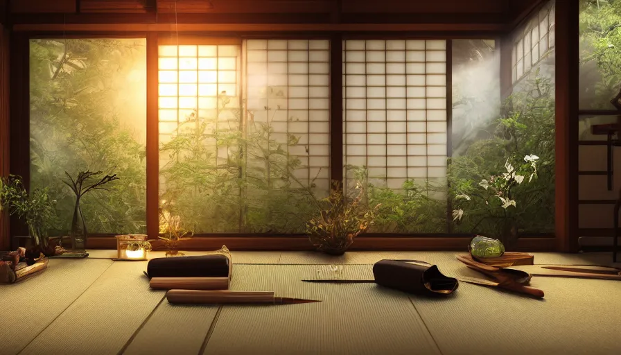 Image similar to interior view of a magical Japanese herbalist cottage, Journal with pens, waxy candles, books, flowers, wood furnishings, light bloom, dust, ambient occlusion, rays of light coming through windows, trending on artstation