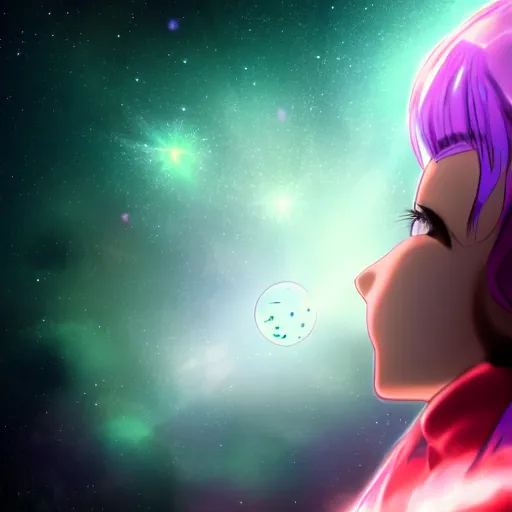 Image similar to anime girl in space staring at a nebula exploding in the distance, close-up side-view face shot