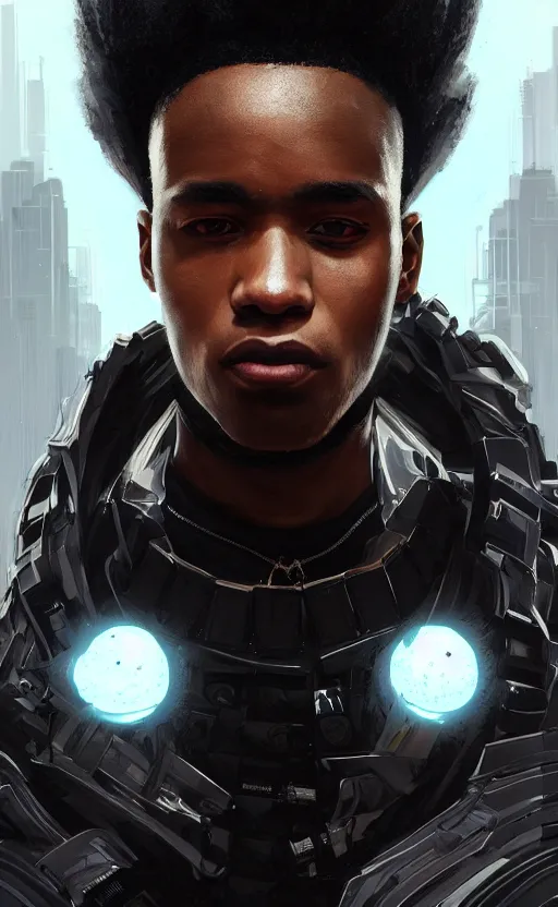 Prompt: portrait of a young black man with a mohawk and a solid black eye, wearing futuristic techwear highly detailed, digital painting, artstation, concept art, smooth, sharp focus, illustration, art by wlop, uang guangjian and gil elvgren and sachin teng and greg rutkowski