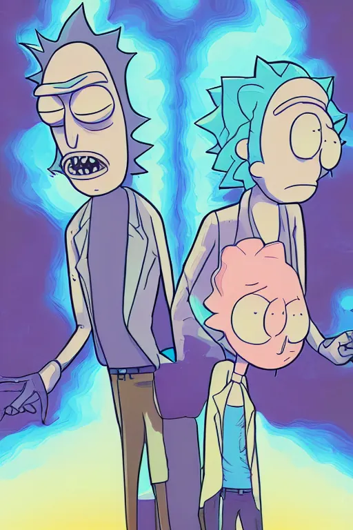 Prompt: portrait concept art painting of alternate reality rick and morty, artgerm, moebius, inio asano, toon shading, cel shading, smooth, calm, tranquil, vaporwave colors,