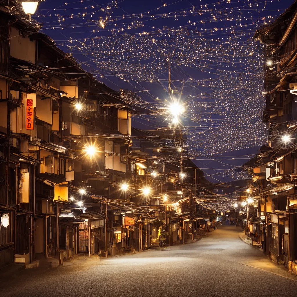 Image similar to photograph of kyoto street at night, bright street lamps, lens flare